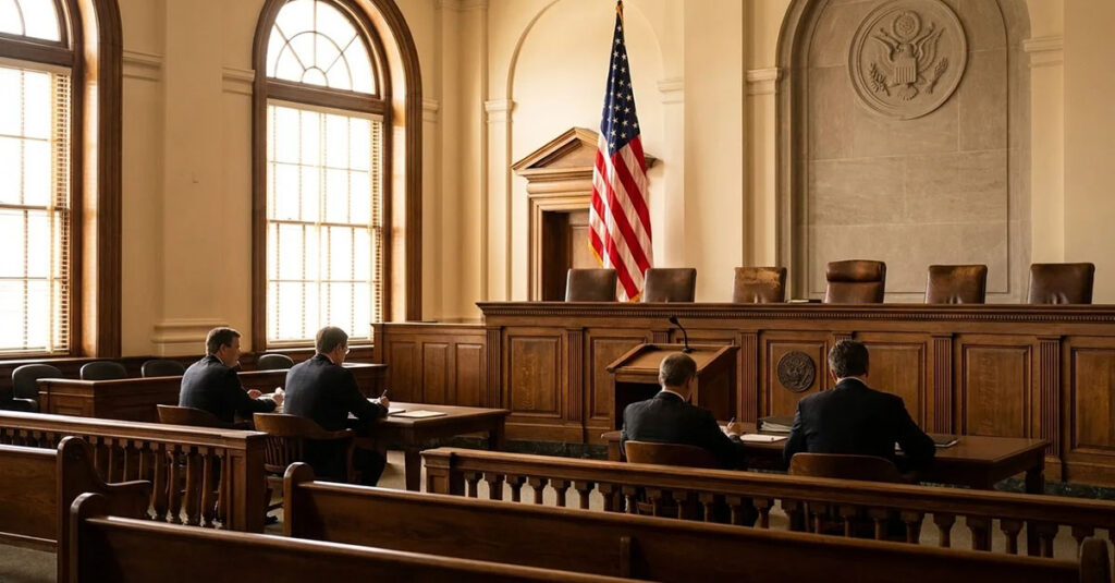 Visual representation of a courtroom with several law professionals seated and facing an empty judge’s bench