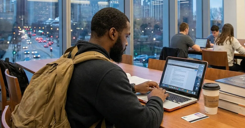 A Veteran in a college study hall researching available GI Bill benefit options on a laptop.